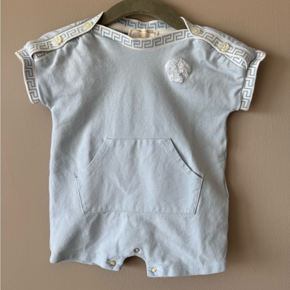 Versace Baby Blue Medusa Logo Greek Key‎ Shorts Romper 100% Cotton 3-6 Months